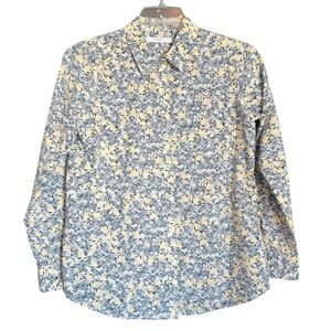Foxcroft Blue Yellow Floral Cotton Front Button Tab Sleeve Blouse Women's Size 8